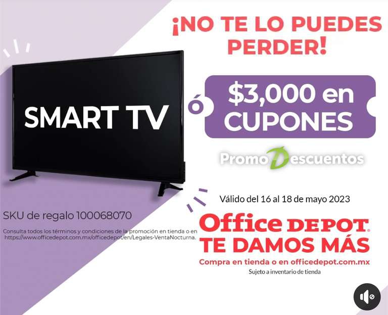 Venta Nocturna Office Depot: Pantalla Smart TV Roku 32” GRATIS en compras de $8,999 ó más 
