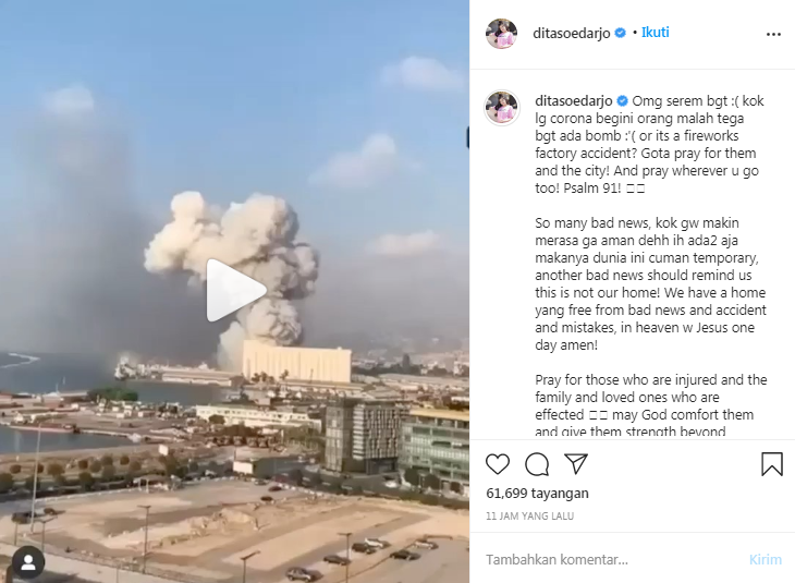 Unggahan Dita Soedarjo terkait ledakan di Beirut, Lebanon.