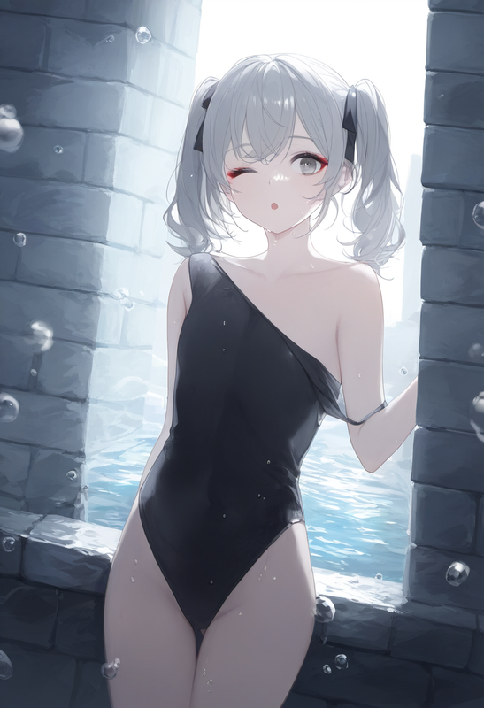 1girl, graphite (medium), scenery, wall, water drop, cowboy shot, pale skin, gre s-2338000621