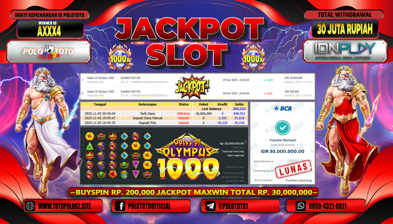 POLOTOTO JACKPOT SLOT GATES OF OLYMPUS 1000 Rp.30.000.000,- LUNAS