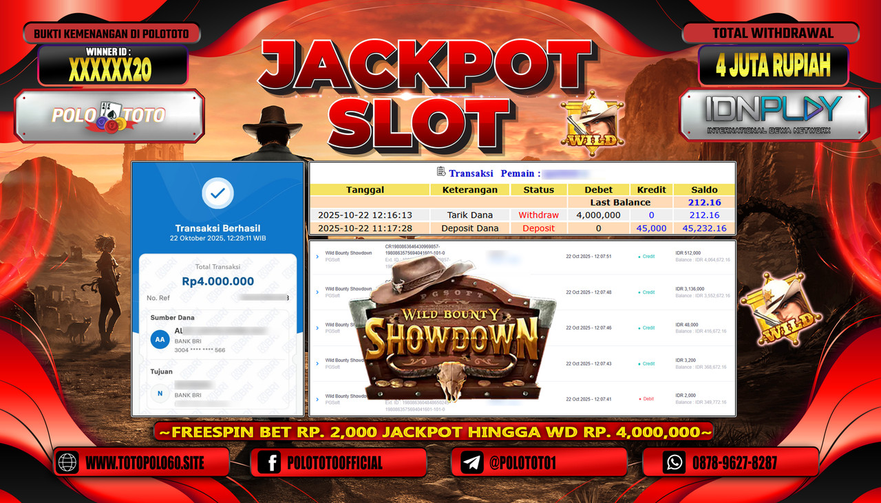 POLOTOTO JACKPOT SLOT WILD BOUNTY SHOWDOWN Rp.4.000.000,- LUNAS