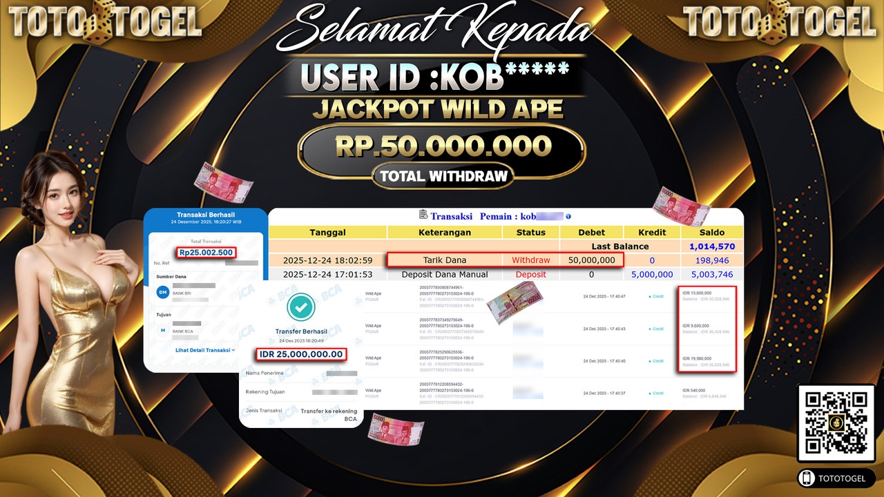 Bukti Pembayaran Jackpot Permainan Slot Wild Ape ID:KOB**** LUNAS