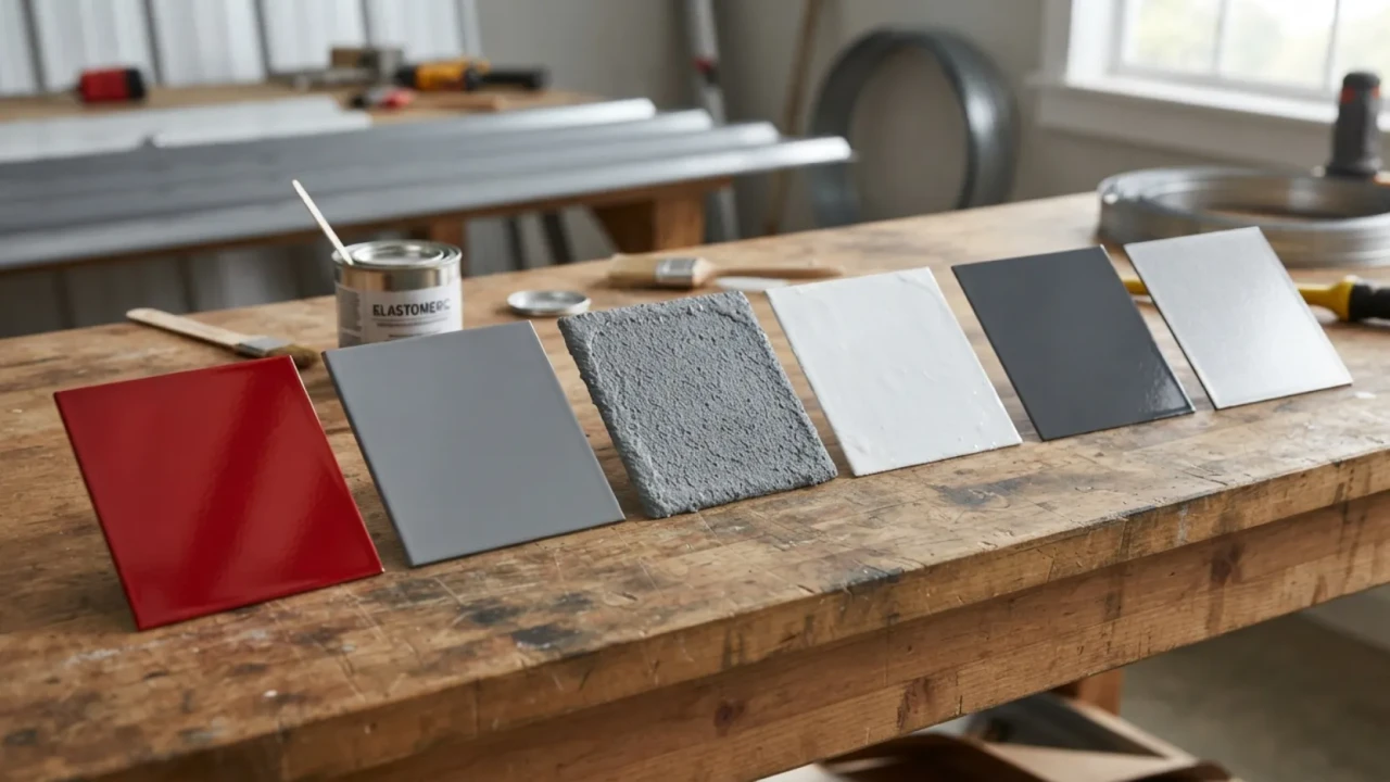 Different metal roof paint types including elastomeric and PVDF Kynar coating samples