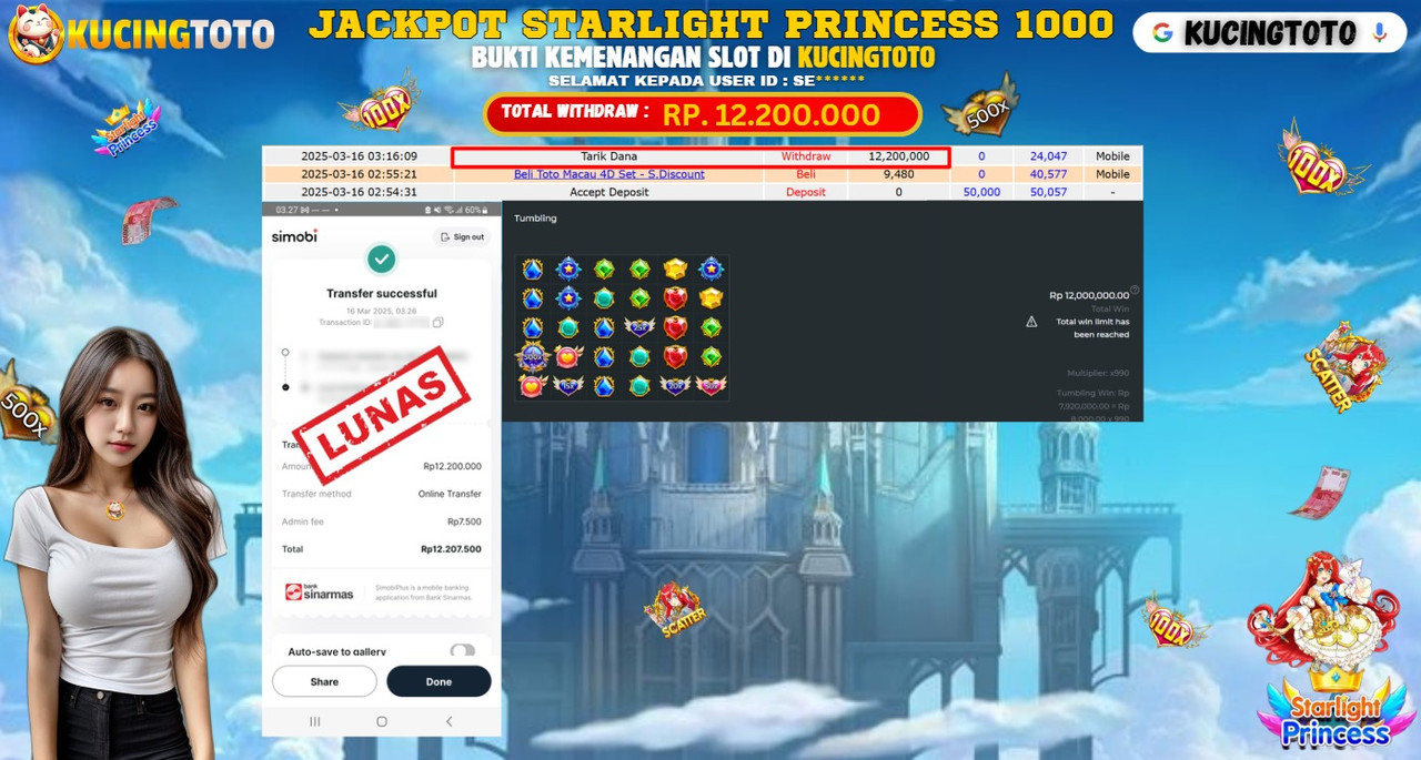 KUCINGTOTO JACKPOT SLOT STARLIGHT PRINCESS 1000 RP.12.200.000.,- LUNAS
