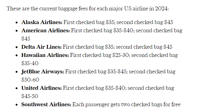 Tarifas de equipaje actuales aerolíneas EEUU 2024 - Vuelos internos USA - Foro USA y Canada
