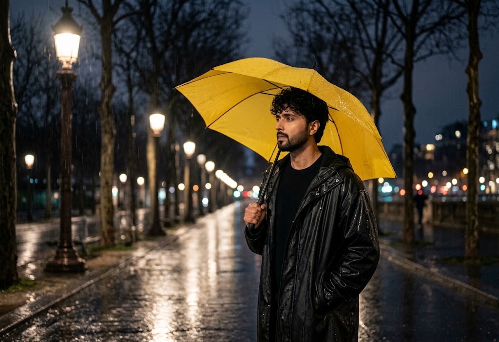 AI-generated example result for the creative-images prompt: Moody Rainy Night Portrait by Prompt Craft