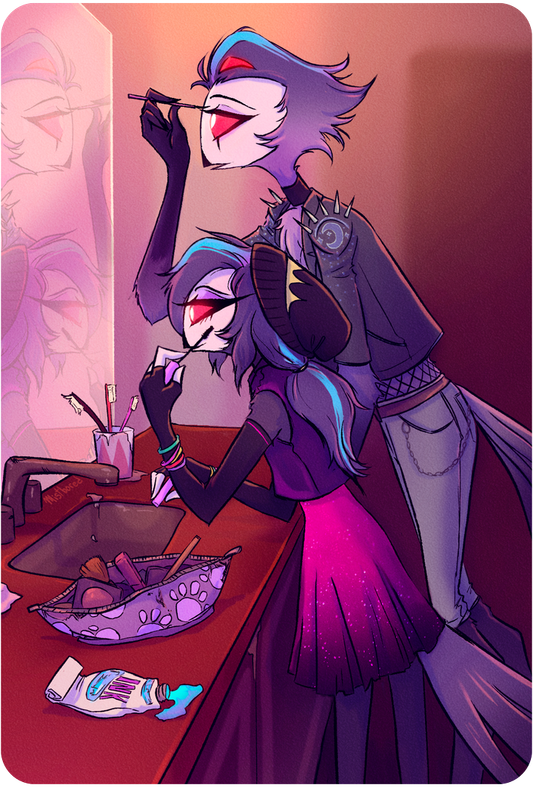 An image of Octavia and Stolas getting ready for the concert together, leaning in to a mirror as they both apply eye make up whilst wearing their new concert fits