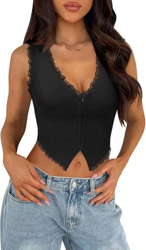 2-Pack Black French Vintage Lace Splice Camisole(L Size) - Slim Fit Halter Top with Back Detail and Button Placket