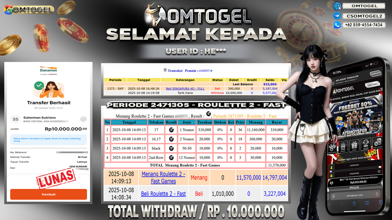OMTOGEL JACKPOT LIVE GAMES ROULETTE 2 - FAST 10 JUTA DI BAYAR LUNAS ,-