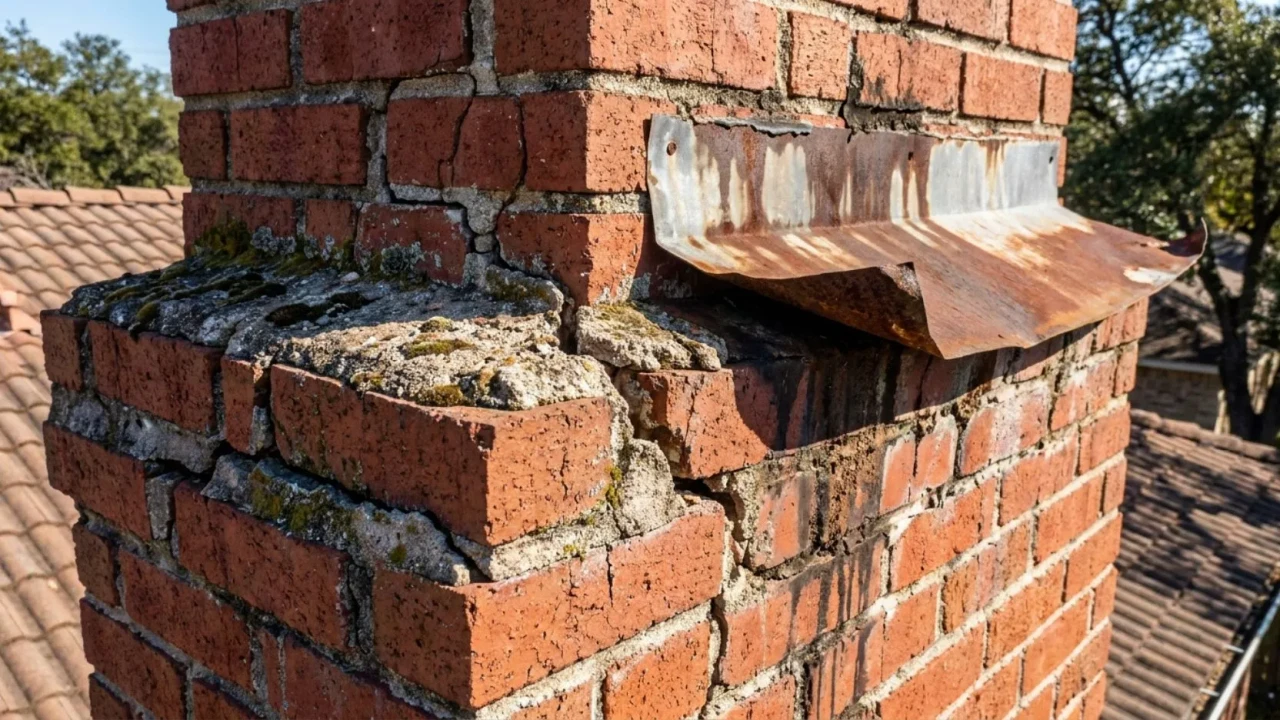Cracked chimney mortar joints and deteriorated counter-flashing on a residential San Antonio Texas roof showing water entry paths