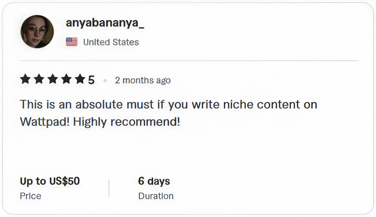 Five-star review by anyabananya_ confirming the service is an absolute must-have for writers with niche content on Wattpad, highly recommending it.
