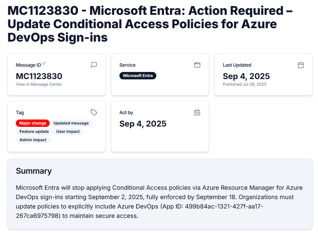 MC1123830 - Microsoft Entra: Action Required – Update Conditional Access Policies for Azure DevOps Sign-ins