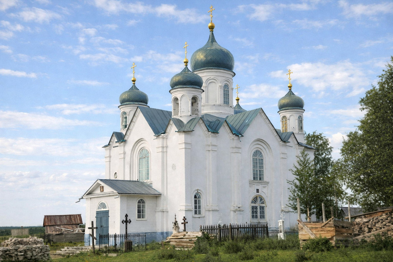 Старое фото церкви в Константиновке в обработке ИИ