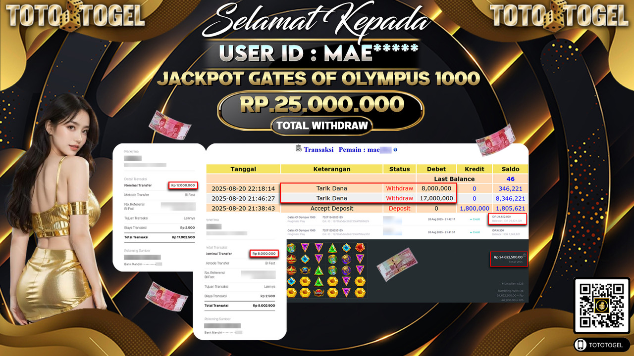 Bukti Pembayaran Jackpot Permainan Slot Gates Of Olympus 1000 ID:MAE***** LUNAS