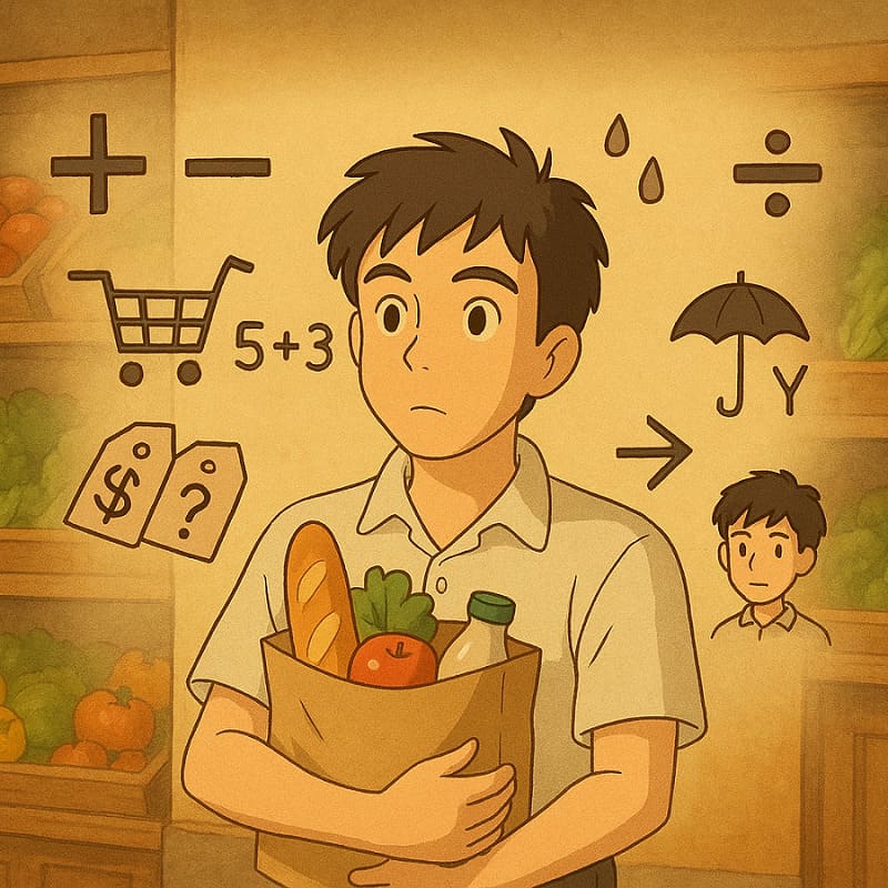 Ilustración de un joven en una tienda observando productos mientras piensa en operaciones matemáticas y decisiones cotidianas, simbolizando los operadores básicos en Python.