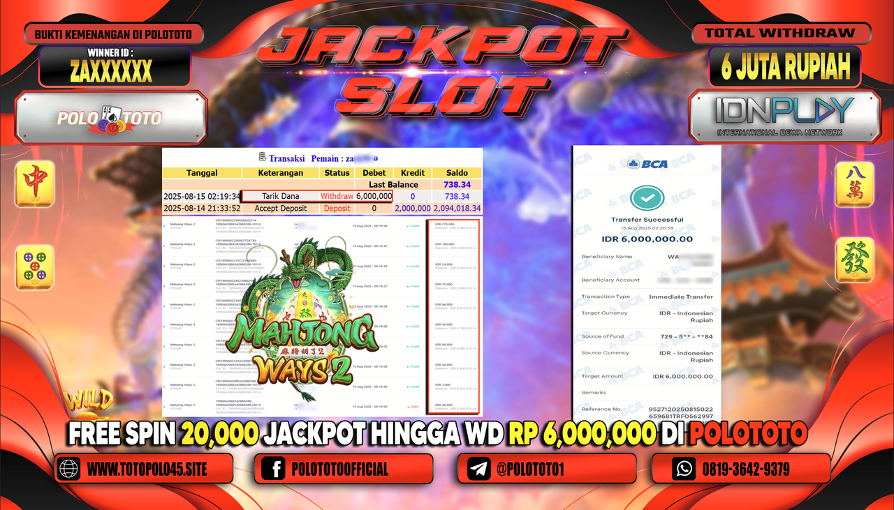 POLOTOTO JACKPOT SLOT MAHJONG WAYS 2 Rp.6.000.000,-LUNAS