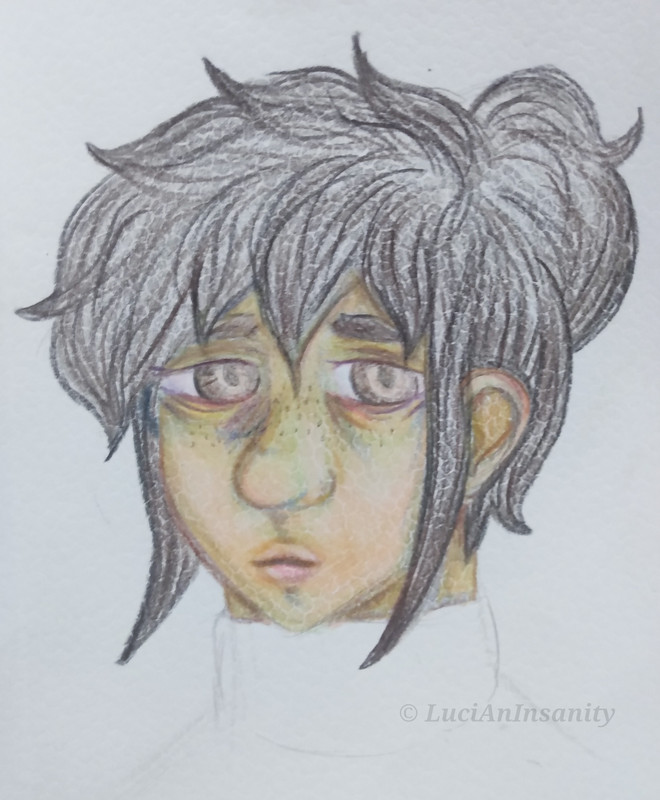 an illustration of Lucas Lucero Blanco, he is a thin man with long black wavy hair, pale skin and freckles. He is tired and bored.