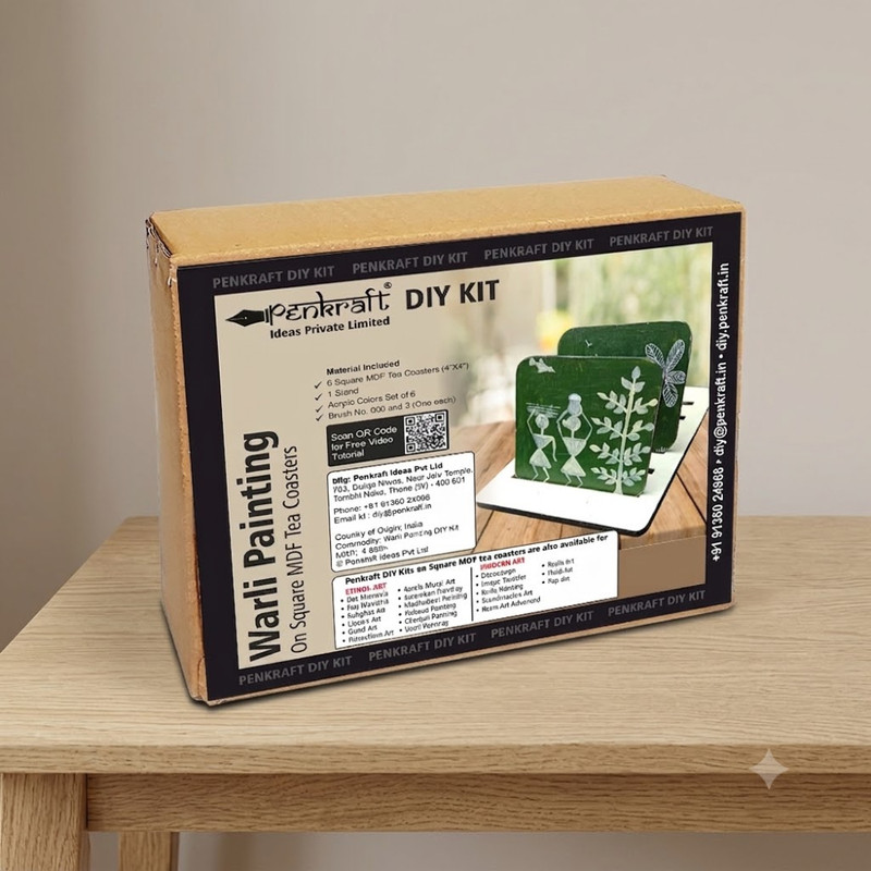Warli Painting on Square Tea Coasters with Stand DIY kit