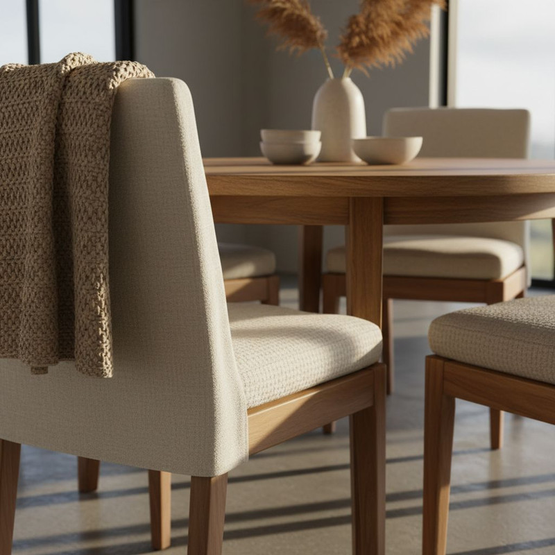 Стильные подушки и текстильные чехлы на стульях в интерьере столовой, демонстрирующие способы обновления дизайна и повышения комфорта мебели.