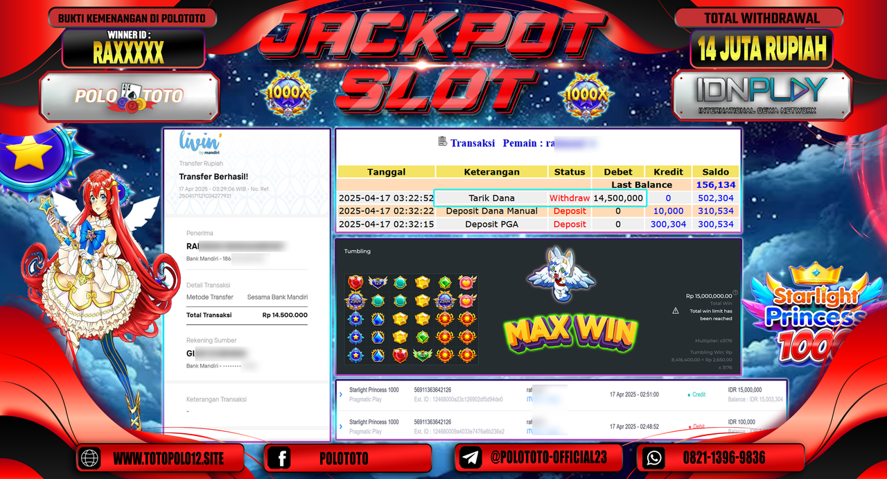 POLOTOTO JACKPOT SLOT STARLIGHT PRINCESS 1000 Rp.14.500.000,-