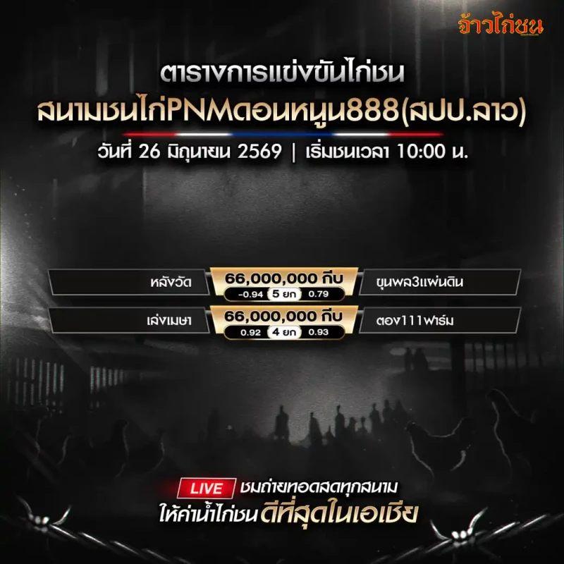 โปรแกรมไก่ชน สนามชนไก่PNMดอนหนูน888 26 มิถุนายน 2569 รูปโปรแกรมหลัก