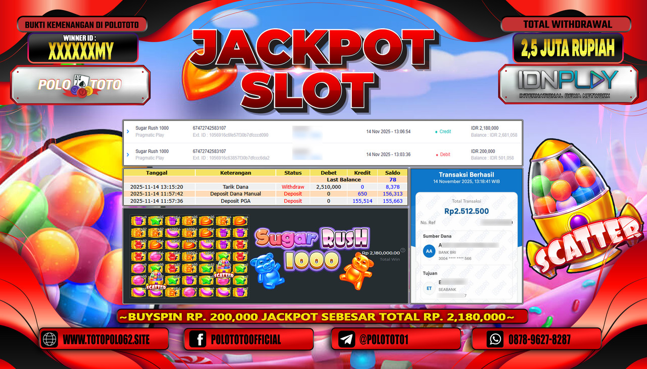 POLOTOTO JACKPOT SLOT SUGAR RUSH 1000 Rp.2.500.000,- LUNAS