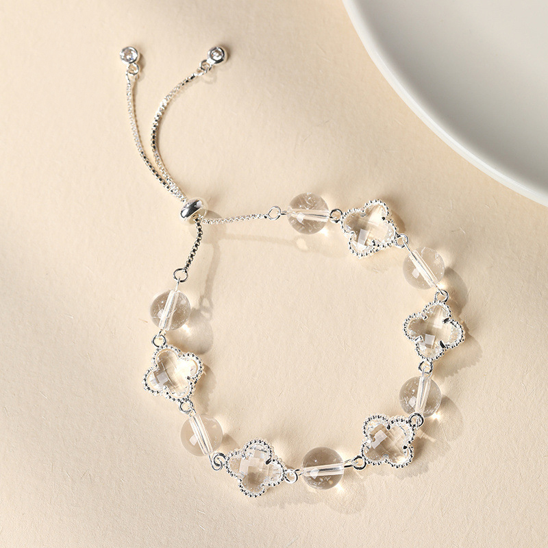 Natural Clear White Crystal Four-Leaf Clover Bracelet - Elegant Adjustable Silver-Tone Bolo Jewelry for Women - Versatile Quartz Bead Charm Bracelet, Perfect Mother's Day Gift