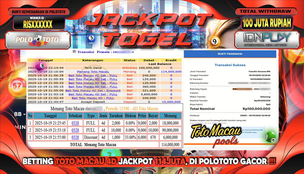 POLOTOTO JACKPOT TOGEL MENANG TOTO MACAU Rp.100.000.000,- LUNAS