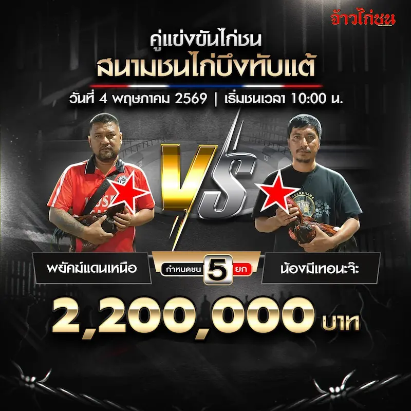 โปรแกรมไก่ชน สนามชนไก่บึงทับแต้ วันที่ 4 พฤษภาคม 2569 คู่ พยัคฆ์แดนเหนือ พบ น้องมีเทอนะจ๊ะ