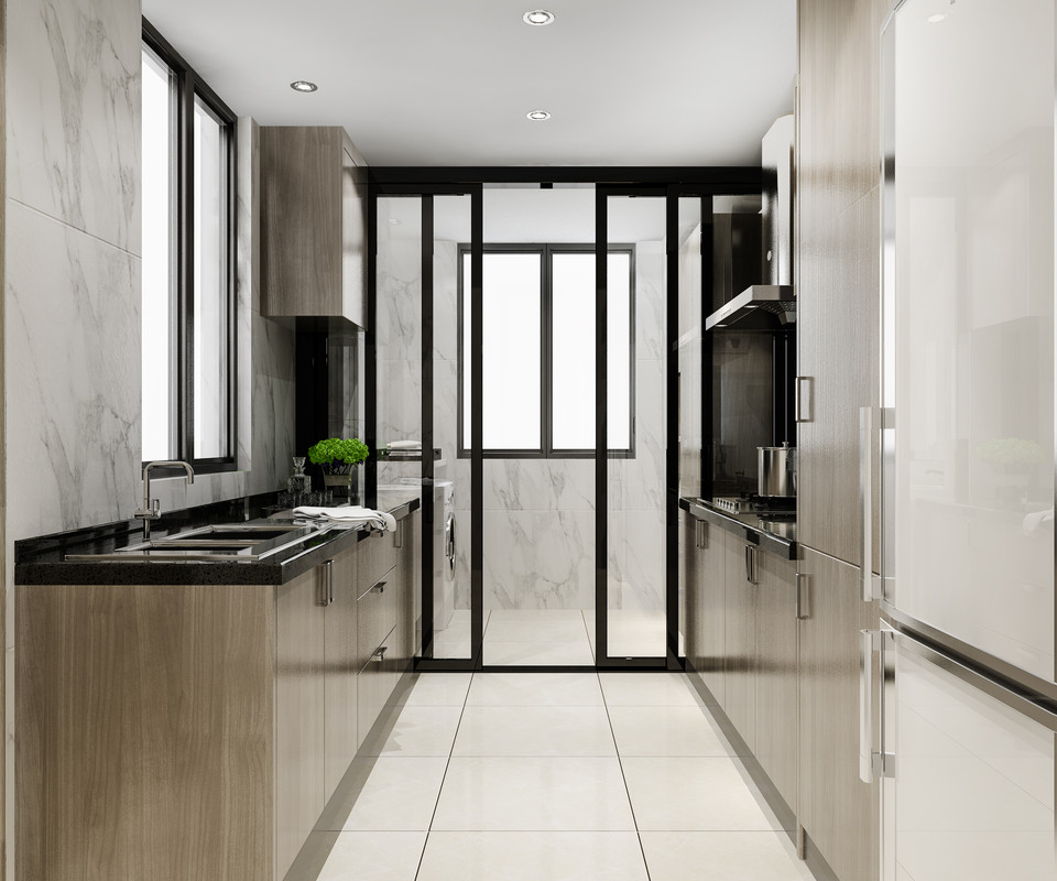 Contemporary Parallel Kitchen Design with Grey-White Cabinets and Granite Top