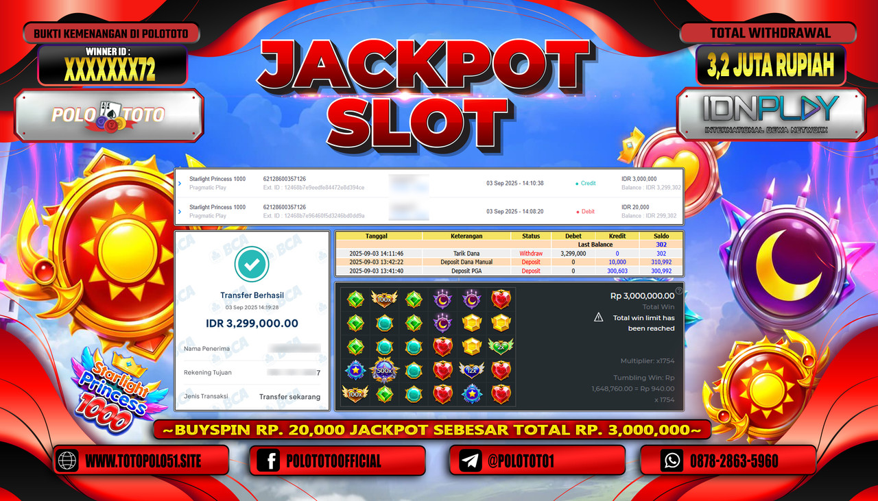 POLOTOTO JACKPOT SLOT STARLIGHT PRINCESS 1000 Rp.3.299.000,-