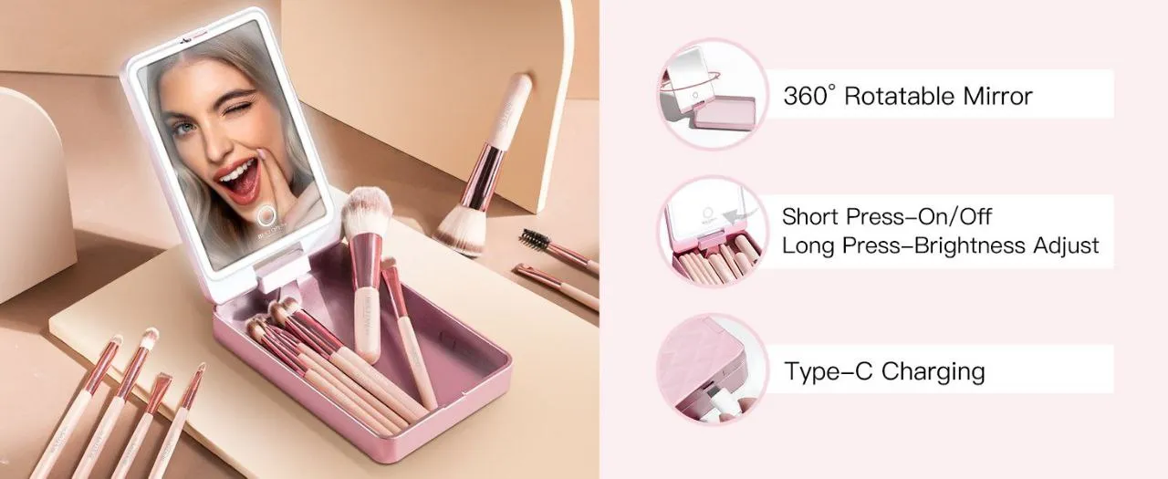 Makeup Brush Set with LED Mirror