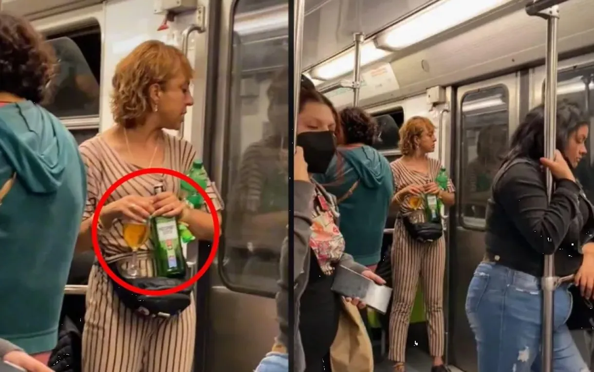 Como si nada, mujer se toma un Whisky en el Metro CDMX