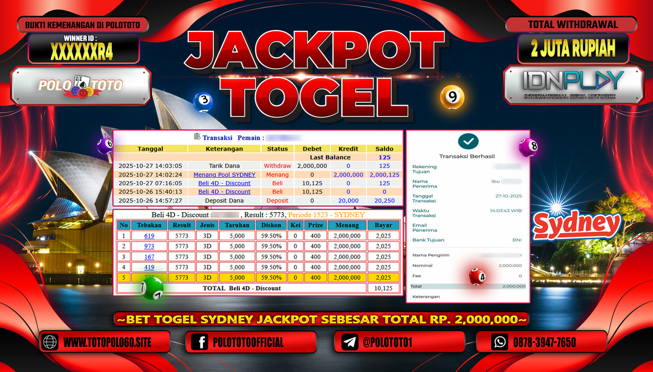 POLOTOTO JACKPOT TOGEL MENANG POOL SYDNEY Rp.2.000.000,- LUNAS
