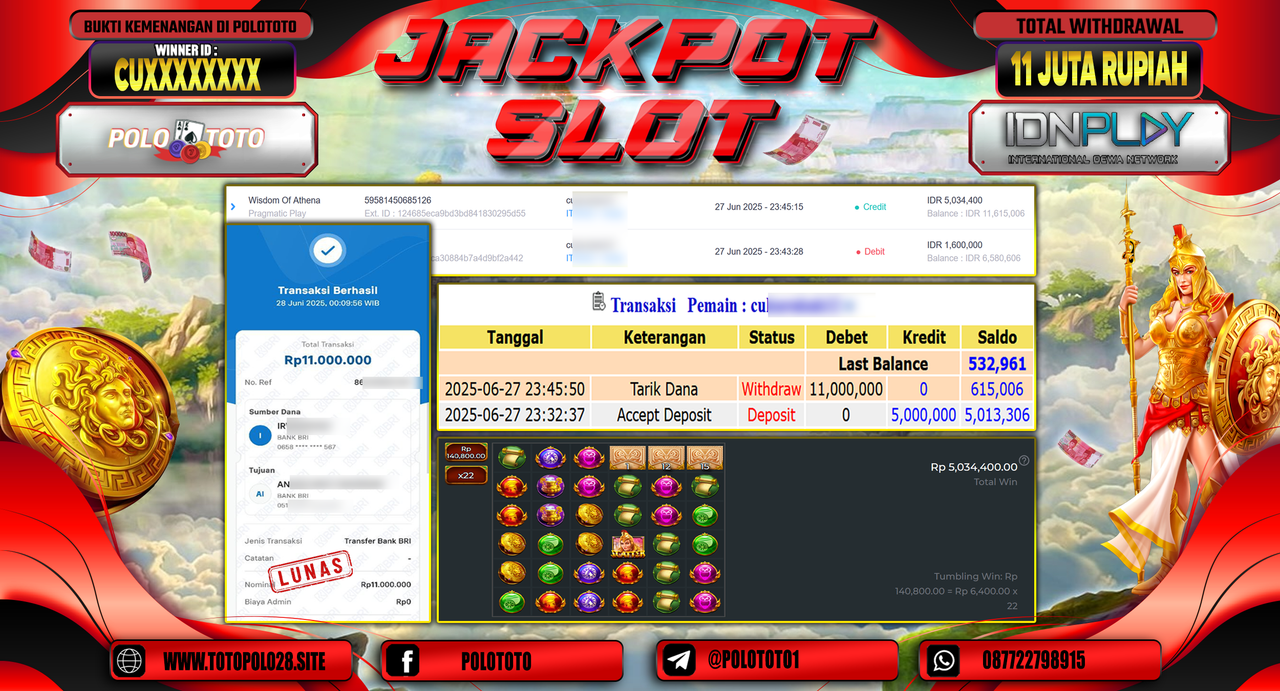 POLOTOTO JACKPOT SLOT WISDOM OF ATHENA Rp.11.000.000,-