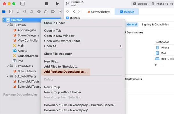 Add Package dependencies contextual menu
