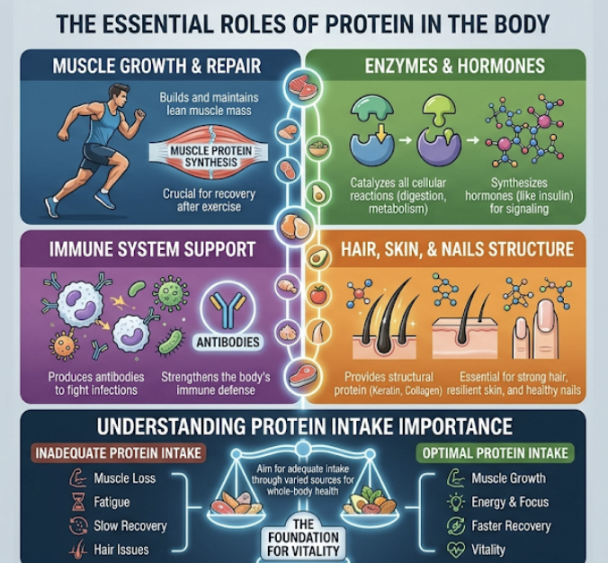 Infographic showing protein functions: muscle growth, enzymes, immunity, hair/skin/nails, explaining protein intake importance