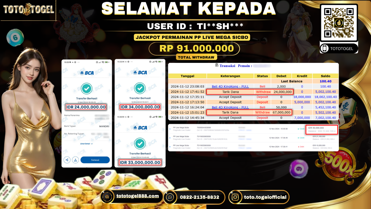 Bukti Pembayaran Jackpot Permainan PP Live Mega Sicbo ID: TI**SH*** LUNAS 