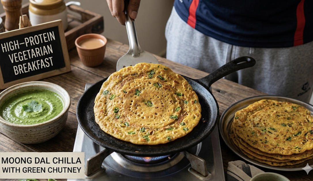 Moong dal chilla Indian lentil crepes cooking on skillet with green chutney high-protein vegetarian breakfast served on plate