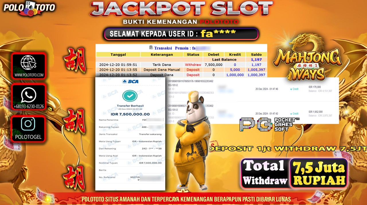 POLOTOTO JACKPOT SLOT MAHJONG WAYS Rp.7,500.000,-
