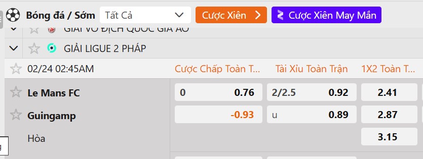 Tỷ lệ kèo Le Mans vs Guingamp