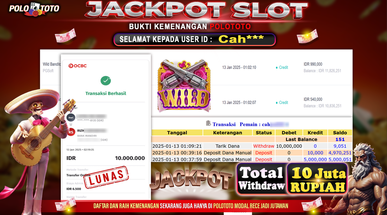 POLOTOTO JACKPOT SLOT WILD BANDITO Rp.10,000.000,-
