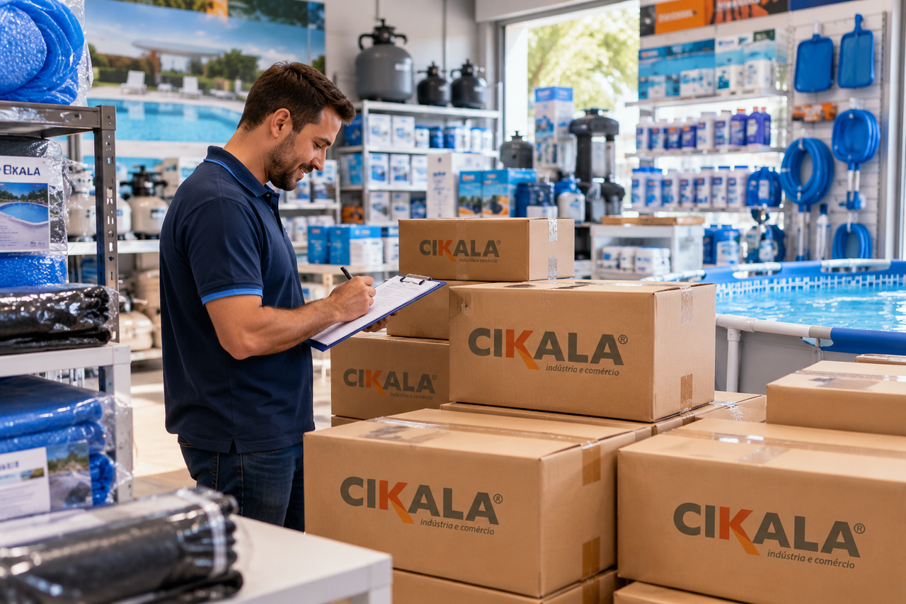 Store owner checking product inventory in a swimming pool supply store
