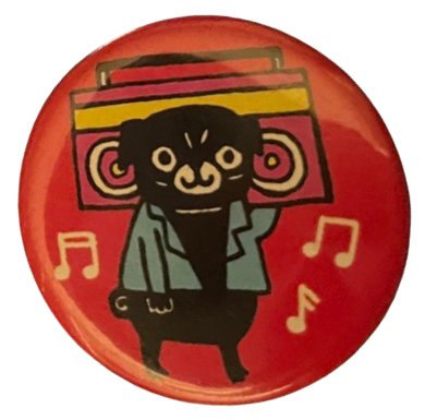 a red pin with a black dog [pug?] in a blue blazer holding a boombox behind them, and some white music notes around them both