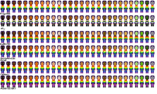 a row of people with pride flag shirts and almost-black purple hair