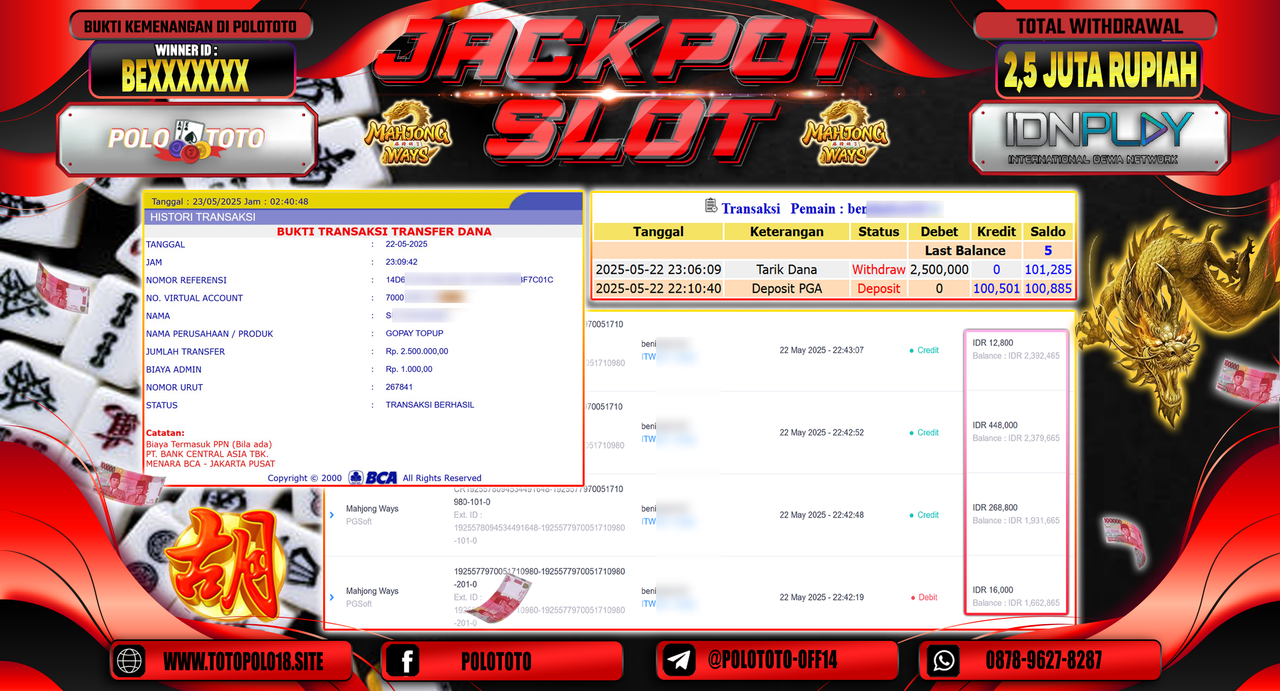 POLOTOTO JACKPOT SLOT MAHJONG WAYS Rp.2.500.000,-