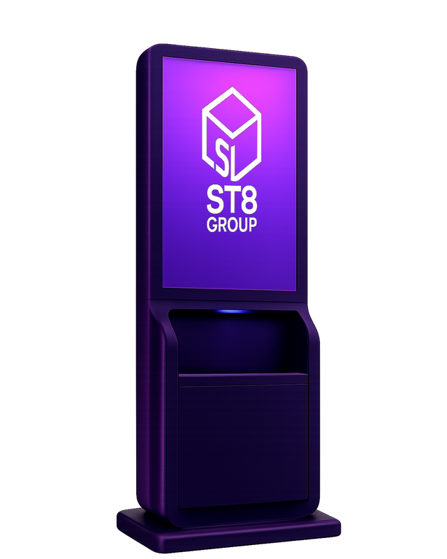 [Mockup de um totem digital a exibir um anúncio dentro de um ginásio]