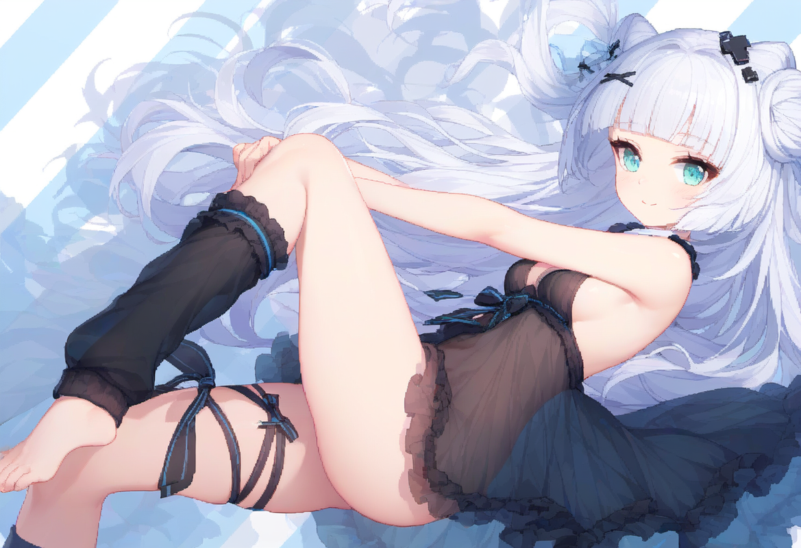 1girl, striped background, aqua eyes, long hair, hime cut, white hair, short ban s-2508810555