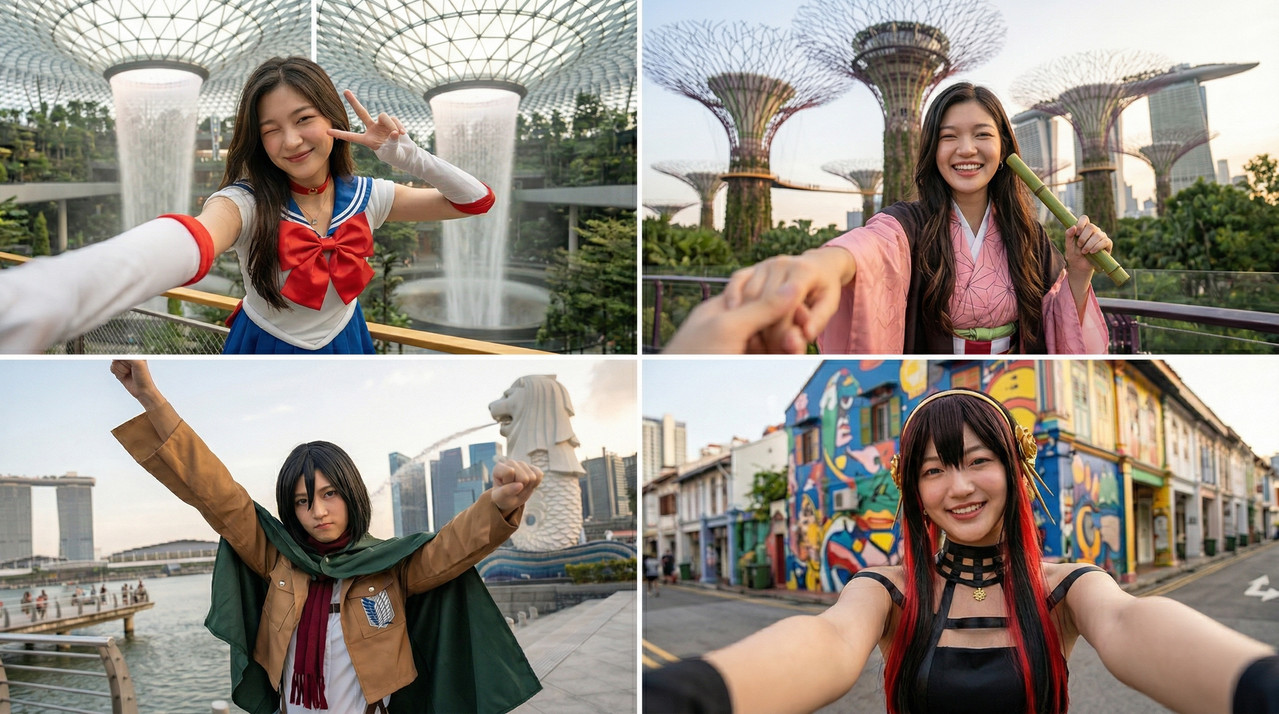 4 variation of selfie pose anime costume at differ delpmaspu