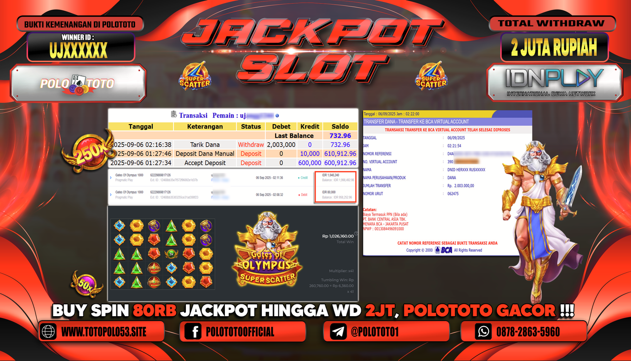 POLOTOTO JACKPOT SLOT GATES OF OLYMPUS 1000 Rp.2.003.000,-